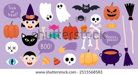 Collection of magical Halloween illustrations. Cute cartoon elements for Halloween design on purple. Witch, vampire, cat, pumpkins, ghost, bat, spider, skull, bones, broom, cauldron, candy, star.