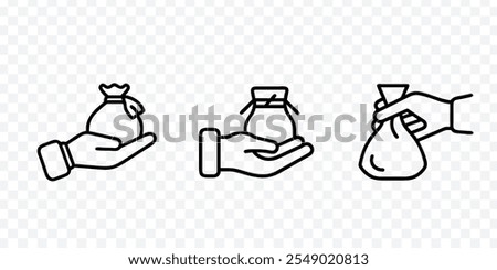 hand holding bag icon, Money bag icons, Hand with trash bag line icon. bags waste, garbage black plastic bag in hand, charity or donation