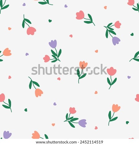 Cute pastel tulip flower element, leaves and heart. Floral leaf. Abstract cartoon seamless pattern. Texture for card, fabric, wrapping, textile, wallpaper, background, paper gif, scarf, phone case, wr