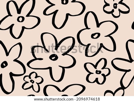 Simple nature floral vector background. Seamless pattern with hand drawn daisy flowers. Line art. Contour drawing. Fashion design for your textile and fabric, wrapping, any surface.