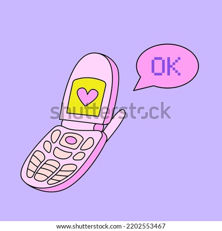 Cute retro clamshell phone in retrowave aesthetic. Bubble with pixel word okay. Vector nostalgic illustration in y2k, 00s, 90s concept. Pink flip phone