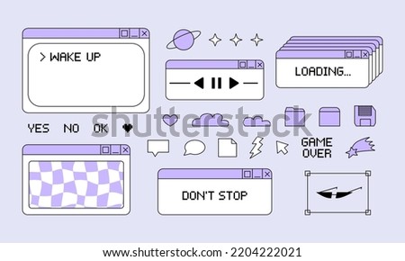 Set of retro digital screen user interface in y2k style. Old computer windows and icons. Vector illustration in retrowave aesthetic