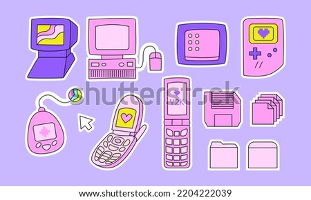 Set of cute y2k girly stickers in retrowave aesthetic. Old computer, flip phones, tamagotchi, gamepad, folder and document icons. Vector illustration in 90s, 00s nostalgia style