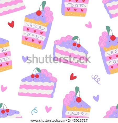 Seamless pattern with colorful pieces of cakes and cherries. Vector flat background. Birthday holiday concept