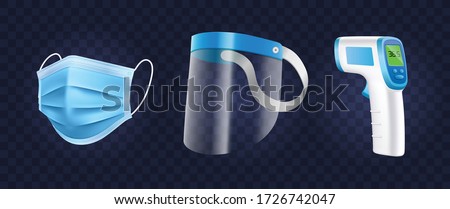 Personal Protection Equipment set. Medical mask, Face shield and infrared thermometer in isolated vector