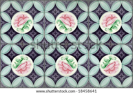 Rows of antique Nyonya Tiles with pink flowers