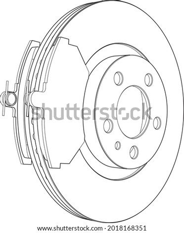Vector illustration of disk brake with pads line art isolated on white