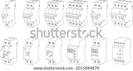 Vector set of line art switchboard elements for fuse control box - safety circuit breaker, relay, residual current circuit breaker. Perspective view