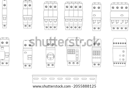 Vector set of outline switchboard elements for fuse control box - safety circuit breaker, relay, residual current circuit breaker. Front view