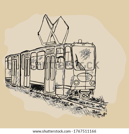 Tram isolated on white background. Public transport. Hand drawn retro tram sketch. City trolley. Passengers, people transportation service. Urban trolleybus design element. Stock vector illustration