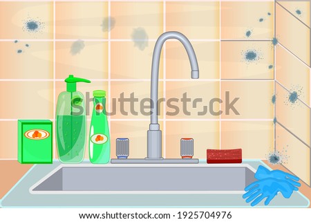 Mold on ceramic tile. Mildew in kitchen. Dark stains on the wall. Toxic mold spores, health hazard. Concept of condensation, damp, high humidity and respiratory problems. Stock vector illustration