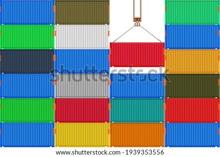 Stack metal shipping cargo containers. Delivery of cargo shipping. Crane with a color container in harbor.Goods container for logistics and transportation. Industrial texture.Stock vector illustration