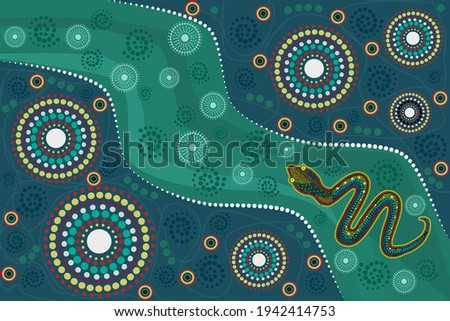 Landscape with snake in decorative ethnic style. Australia culture art  with river and serpent. Aboriginal style of dot painting. For flyer, poster, banner, placard, brochure.Stock vector illustration