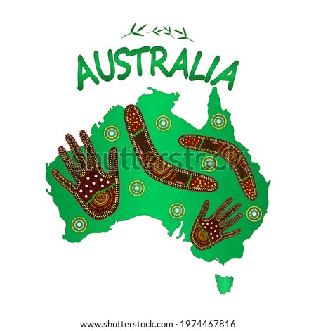 Map of Australia with two hand and boomerang. Australian continent. Australia Aboriginal day. Naidoc week. Union jack. Reconciliation Day. Travel to australia poster design. Stock vector illustration