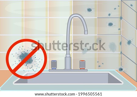 Mold on ceramic tile and no mold sign. Mildew in kitchen. Dark stains on the wall. Toxic mold spores, health hazard. Concept of condensation, damp, high humidity and respiratory problems. Stock vector