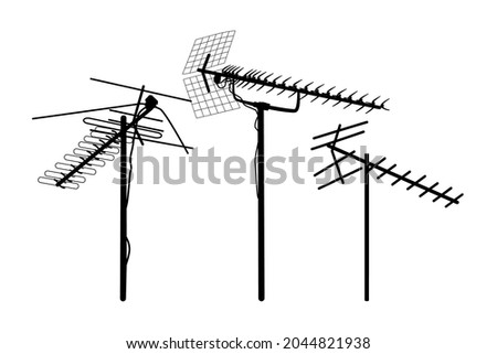 Television antenna icons set isolated on white background. Silhouettes of different television aerials. Tv antenna sign or symbol. Television rooftop antennas. Technology. Stock vector illustration
