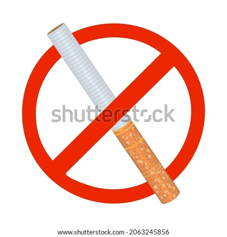 No smoking sign isolated on white background. Forbidden smoking zone signboard. Red circle mark with cigarette for non smoking area. Stop smoking icon.Cigarette in prohibition sign.Vector illustration