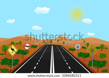 Australian road with kangaroos traffic sign, red landscape and blue sky. Outback in Australia with gum trees and highway running through the desert towards distant mountains. Stock vector illustration