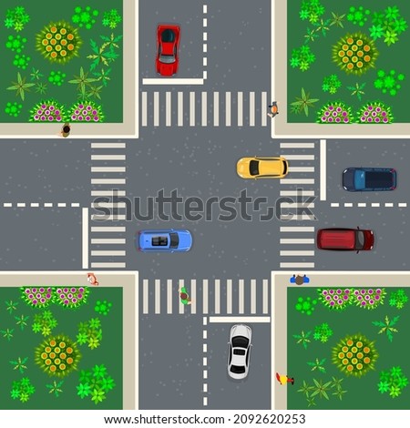  Crossroad top view with cars, roads, and people on sidewalk and crosswalks.Above view of city.Street urban with transport on cross road.Freeway travel driving concept.Traffic laws.Vector illustration