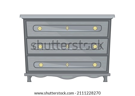 
Chest of drawers isolated on white background. Gray wooden commode on little legs.Piece of bedroom furniture and home interior.Dresser or bedside table for bedroom and living room.Vector illustration