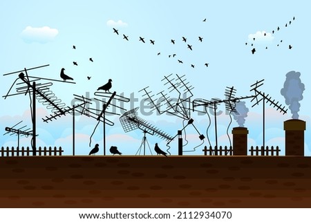 Blue sky with clouds and birds over roof with many television aerials. Radio towers and antenna on rooftop of house.Silhouettes of different television receiver aerials on housetop.Vector illustration