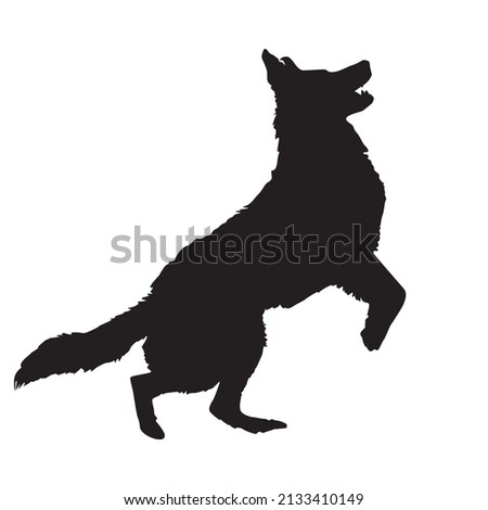 Dog silhouette isolated on white background. Pet dog jumping black icon.Watchdog symbol. German shepherd dog. Large breed housedog stands on hind legs.Dog standing or leaping.Stock vector illustration