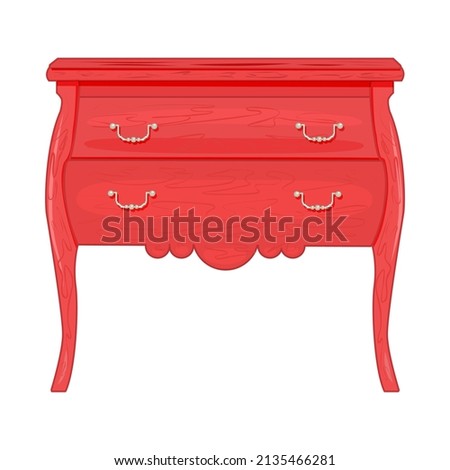 Chest of drawers isolated on white background. Pink wooden commode on long legs. Piece of bedroom furniture and home interior. Dresser or bedside table for bedroom and living room. Vector illustration