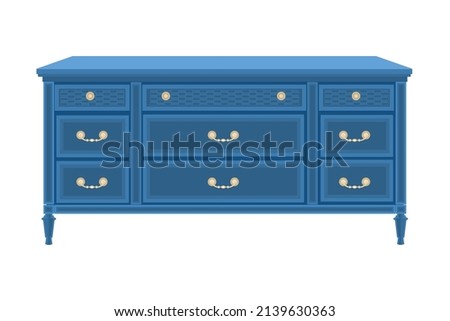 Chest of drawers isolated on white background. Blue wooden commode on little legs. Piece of bedroom furniture and home interior.Dresser or console table for bedroom and living room.Vector illustration