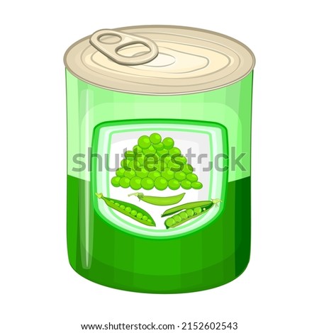 Green peas tin can isolated on white background.Green tin can with canned green peas and label of pea pods.Container preserved picked sweet green pea.Concept of tinned food package.Vector illustration Foto stock © 