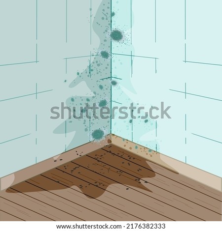 Mold on walls and floor. Mold on wall in bathroom or living room. Mildew in shower.Stains on wall and flooring.Concept of condensation, damp, high humidity and respiratory problems.Vector illustration