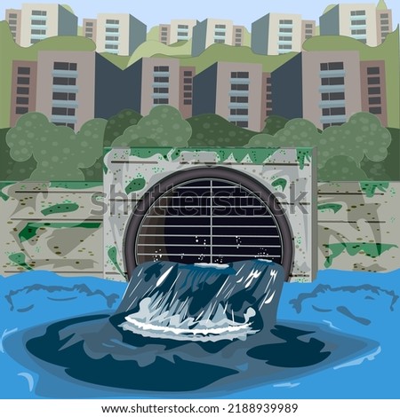 City wastewater is discharged through pipes into river. Contamination of water from factories. Environmental pollution danger, ecological disaster concept. Dirty water flowing from metal tube. Vector