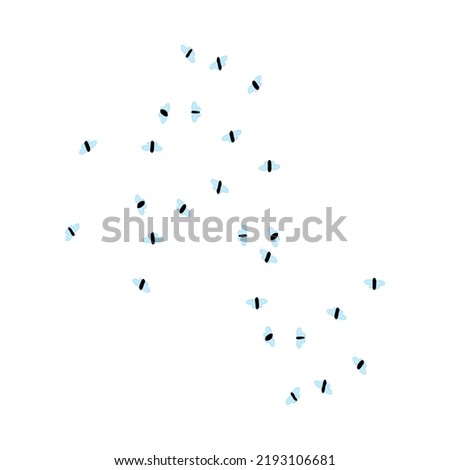 Fly isolated on white background. Many small flies flock in air. Tiny pest insects. Housefly swarm. Flying diptera, midge, gnat or mosquitoes. Stock vector illustration