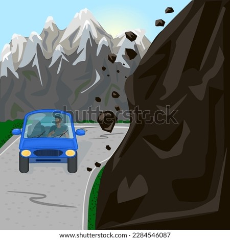 Rock fall on road. Mountain landslide with slide rocks and car on roadway. Natural disaster, earthquake, mudslide or danger concept. Dangerous cliff with debris near auto traffic. Vector illustration