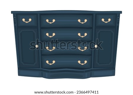 Chest of drawers on white background. Blue wooden commode with golden handles. Piece of bedroom furniture and home interior. Dresser or console table for bedroom and living room. Vector illustration