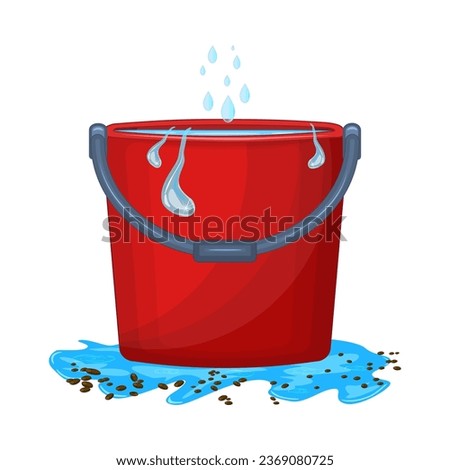 Red bucket with water. Plastic bucket filled water standing in puddle. Liquid container. Pail with handle.Leaking roof, ceiling.Drops of water are dripping from ceiling into bucket.Vector illustration