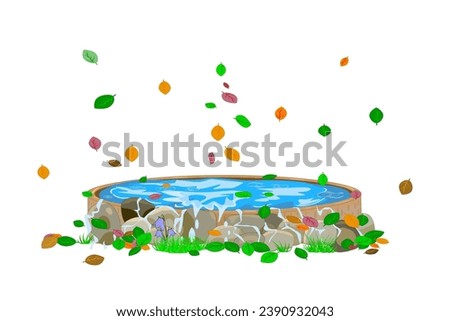 Small pond with falling autumn leaves on white background. Ornamental small pond with water and stones. Japanese garden element. Decorative public park landscaping. Water in well.Vector illustration