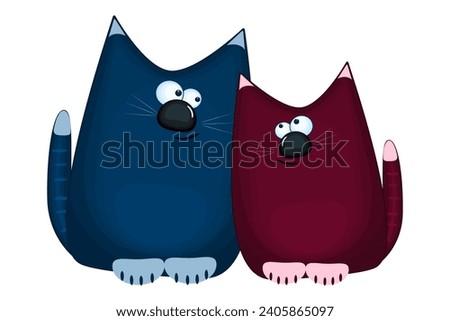 Kittens couple. Funny blue and red cat in cartoon style. Pair of cute cats in love.Cute kitty character.Stylized tomcat front view.Vector illustration