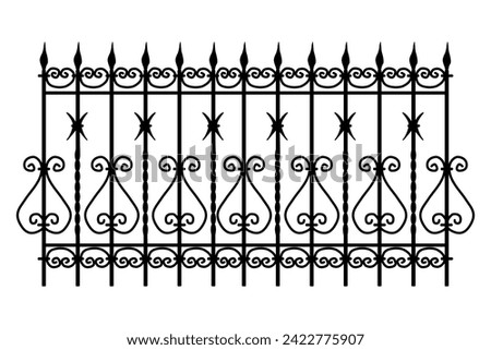 Decorative cast iron wrought fence silhouette with artistic forging isolated on white background. Metal guardrail. Steel modular railing. Vintage gate with swirls. Black forged lattice fence. Vector