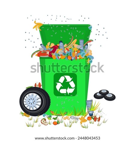 Garbage containers with unsorted trash. Rotting rubbish in full can bin and flies flying around. Pile of waste in dustbin.Ecology and environment concept.Rubbish smells and started to decompose.Vector