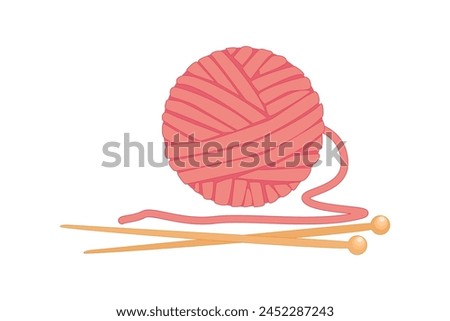 Ball of yarn and needles isolated on white background. Skein of yarn with knitting needles. Knitting tools. Clews, skeins of wool. Handmade and hobby. Stock vector illustration