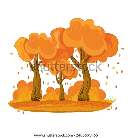 Autumn trees with shrubs isolated on white background. Trees and falling leaves in orange tones. Autumnal season golden garden or fall forest tree foliage.Autumn weather and nature.Vector illustration