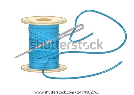 Spool of thread and sewing needle on white background. Coil of threads. Reel, yarn and needle for tailor. Wooden bobbin with cotton and needle for sewing, embroidery or stitching. Vector illustration