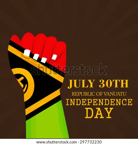 Vector illustration of a hand in colors of flag of The Vanuatu and an inscription of Vanuatu Happy Independence Day.