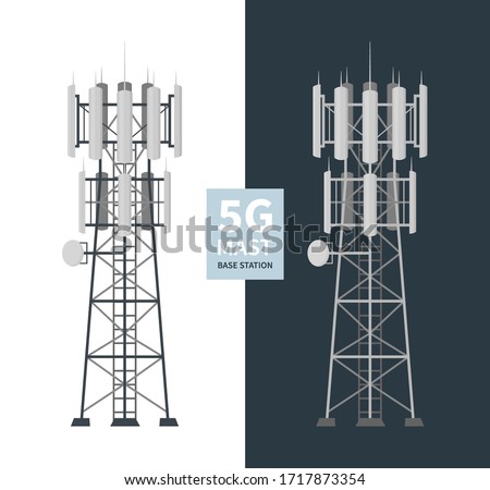 5G mast base stations set on white and dark background, flat vector illustration of mobile data towers, telecommunication antennas and signal, cellular equipment.