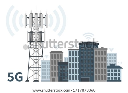 Innovative smart city of future with 5G base station mast on white background, flat vector illustration of telecommunication antennas and signal, cellular equipment and mobile data towers.