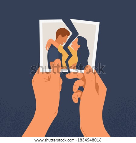 Hands holding a torn photo of a couple in love. The concept of divorce, separation and broken heart or reconciliation. Flat vector illustration of a relationship crisis on a blue background.