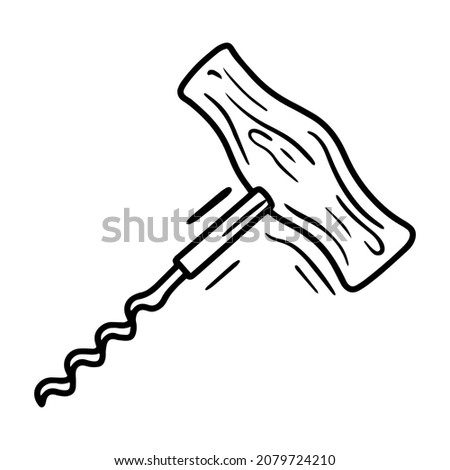 Wooden wine corkscrew linear vector icon in doodle sketch style