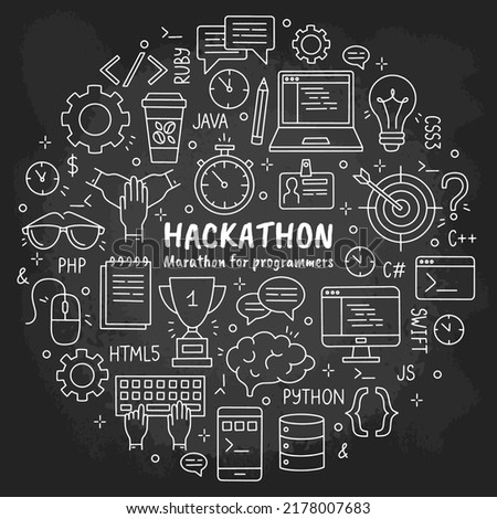 Hackathon and datathon hand drawn chalk icons set on the blackboard in Doodle sketch style. Vector circle concept for the event for developers, programmers and managers on a black background