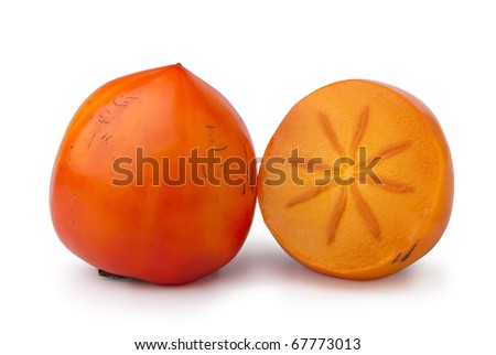 ripe persimmon, a whole fruit and a half, isolated on white
