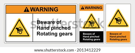 Safety Sign Beware of hand pinched rotating gears, sign lanscape and potrait forms, ANSI and OSHA standard formats. Vector